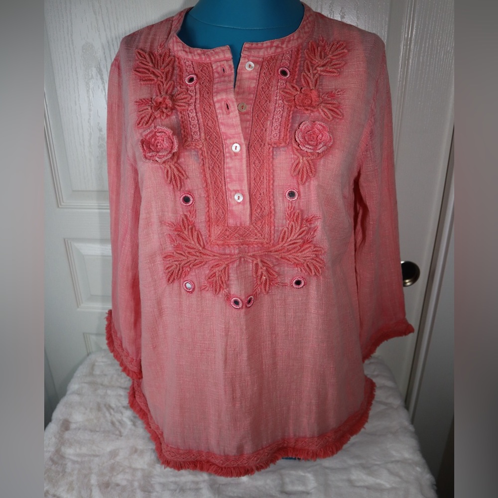 Soft Surroundings Coral Pink Embroidered Boho Tunic Top Mirror Fringe Small - Picture 2 of 16